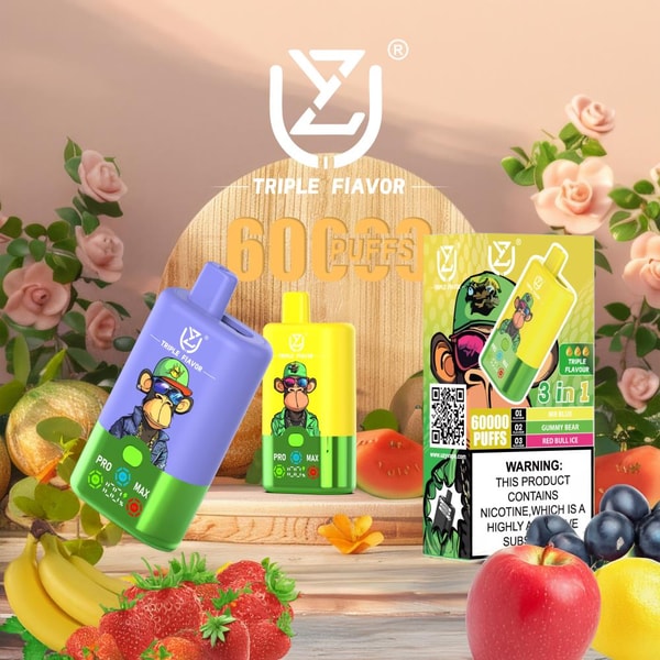 Bright purple and yellow disposable vape devices with green bases and a cartoon ape logo beside a boxed package labeled "Triple Flavor" and "60000 puffs," set on a wooden backdrop surrounded by strawberries, bananas, apple, grapes, citrus slices and roses, with a visible nicotine warning.