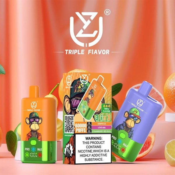 Three colorful disposable vape devices and a product box featuring a cartoon monkey mascot—orange and purple units with green accents—displayed on an orange backdrop with citrus slices; the box reads 60000 PUFFS, 3 in 1 flavors and shows a nicotine warning label.