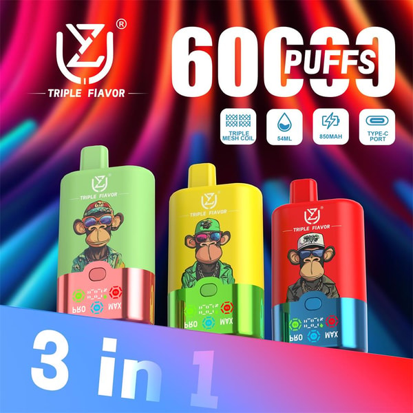 Three colorful disposable vape devices (green, yellow, red) with cartoon ape illustrations and 'TRIPLE FIAVOR' branding against a multicolored wavy background, prominent '600 PUFFS' text, icons indicating triple mesh coil, 54 mL, 850 mAh and Type‑C port, and a '3 in 1' banner along the bottom.