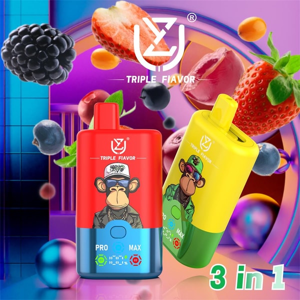 Two colorful disposable vape devices—one red-and-blue and one yellow-and-green—display cartoon ape illustrations and 'Triple Flavor' branding against a vibrant background of strawberries, blackberries and blueberries with '3 in 1' text.