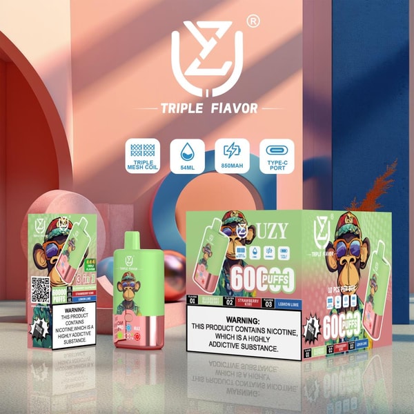 Colorful product display showing a green-and-pink disposable vape device and two retail boxes featuring a sunglasses-wearing cartoon ape logo and 'Triple Flavor' branding, icons for triple mesh coil, 54ML, 850MAH and Type-C port, listed flavor names, and a prominent nicotine warning label.