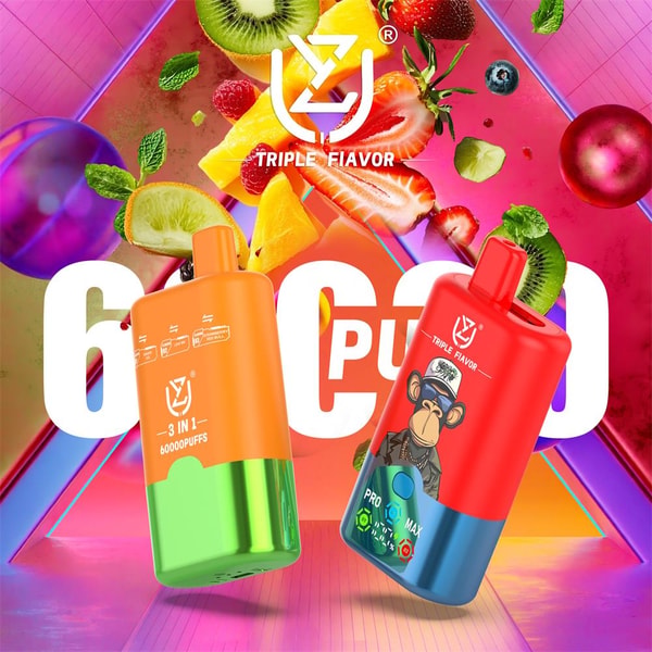 Two colorful disposable vape devices—an orange-and-green unit and a red-and-blue unit with a cartoon monkey—floating against a neon geometric background with sliced fruits (strawberry, kiwi, mango, blueberry) and prominent 'TRIPLE FIAVOR' and '6000 puffs' branding.