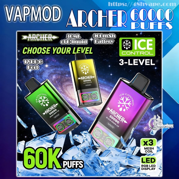 Three colorful Vapmod Archer disposable vape devices (green, gold, purple) floating over ice crystals against a starry background, surrounded by labels reading "Vapmod Archer 60000 puffs", "30mL of e-liquid", "900mAh battery", "Type-C port", "Ice Control 3-level", "x3 mesh coil", and "LED RGB display".
