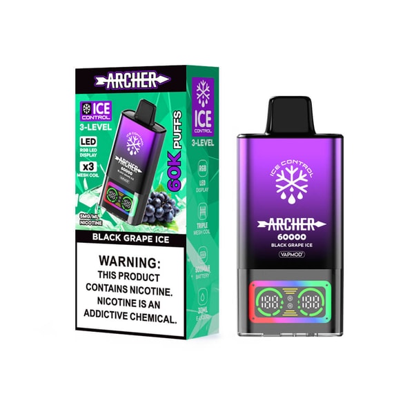 Boxed Archer 60000 Black Grape Ice disposable vape with a purple-to-black gradient device displaying an ice-control snowflake logo and colorful LED screen, shown beside the product box featuring grapes, feature icons and a prominent nicotine warning label.
