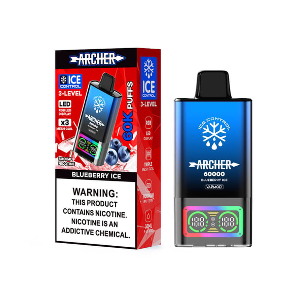 Metallic blue Archer 60000 Blueberry Ice disposable vape with black mouthpiece, snowflake ice-control logo and colorful LED display at the base, shown next to its red-and-blue retail box advertising 60K puffs, blueberries and a prominent nicotine warning label.