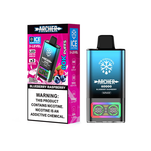 Blue-to-black gradient Archer 'Ice Control' disposable vape device labeled 60000 Blueberry Raspberry with a small LED display shown next to its pink boxed packaging featuring fruit images, '60K PUFFS' text and a large nicotine warning.