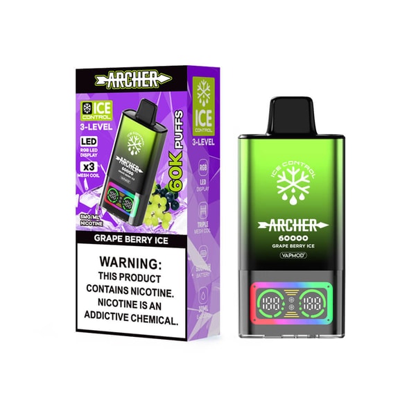 Green-to-black gradient Archer 60000 disposable vape device labeled "Grape Berry Ice" with a small LED display, shown next to its purple and white retail box featuring ICE Control 3-Level branding and a prominent nicotine warning label.