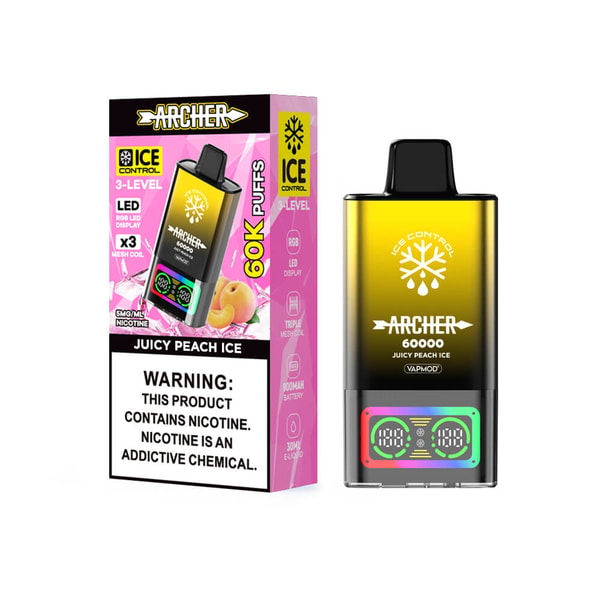 Boxed Archer 60000 'Juicy Peach Ice' disposable vape with pink packaging on the left displaying '60K puffs' and a large nicotine warning, and the gold-to-black device on the right featuring a black mouthpiece, an ice-control snowflake logo and a small RGB LED display.