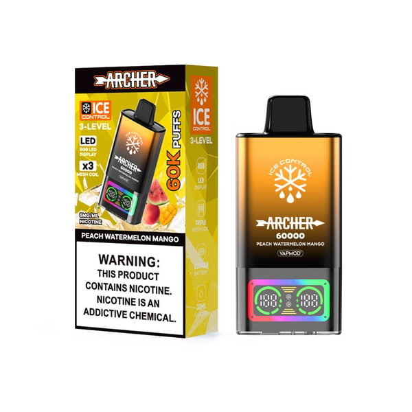Gold-orange gradient Archer 60,000-puff disposable vape device beside its matching retail box displaying 'Ice Control' branding, peach watermelon mango flavor, LED display on the device, and a prominent nicotine warning label.