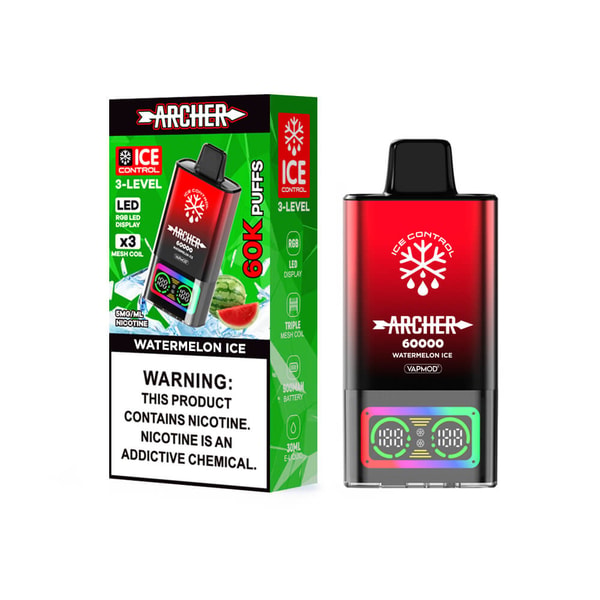 Red-to-black gradient Archer 60000 Watermelon Ice disposable vape device with a white snowflake 'Ice Control' logo and small RGB display, shown beside its green-and-black retail box featuring the 'ICE CONTROL' branding, a watermelon slice image, '60K PUFFS' text and a visible nicotine warning label.