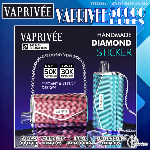 Two rhinestone-studded Vaprivée disposable vapes — a horizontal pink-purple clutch-style device and an upright turquoise-blue device with a chain strap — displayed on a blue gradient background with labels reading Handmade Diamond Sticker, 900 mAh big battery, and 50K puffs.