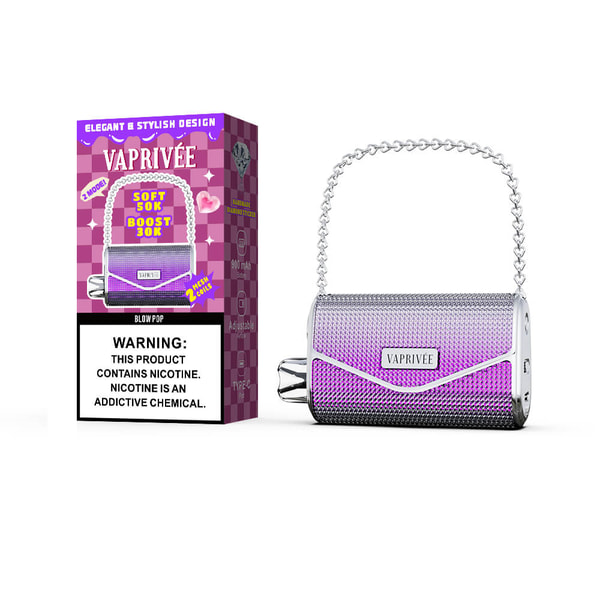 Purple metallic handbag-shaped vape with a chain handle labeled VAPRIVÉE shown beside its matching pink-and-purple box featuring product branding and a nicotine warning.