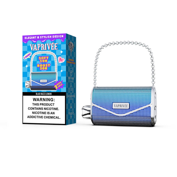 Blue and silver VAPRIVÉE portable vape shaped like a small clutch with a chain handle and mesh texture next to a blue checkered retail box labeled VAPRIVÉE and a prominent nicotine warning.
