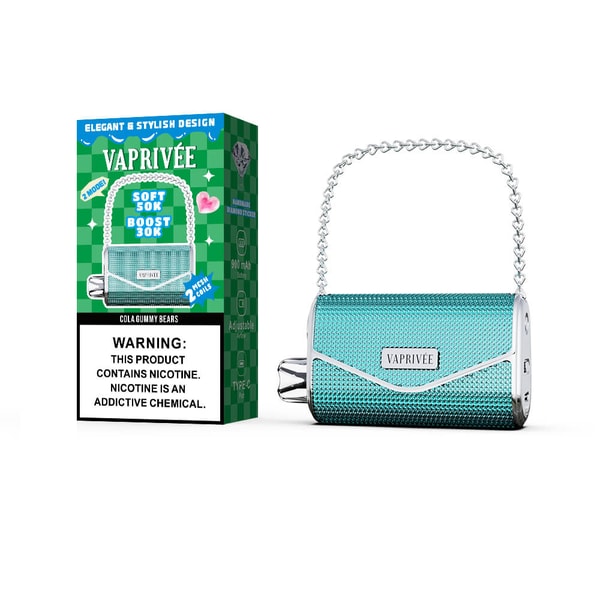 Teal textured Vaprivée purse-shaped vape device with a silver chain handle and chrome mouthpiece displayed next to a green checkered Vaprivée product box showing flavor text and a nicotine warning label.