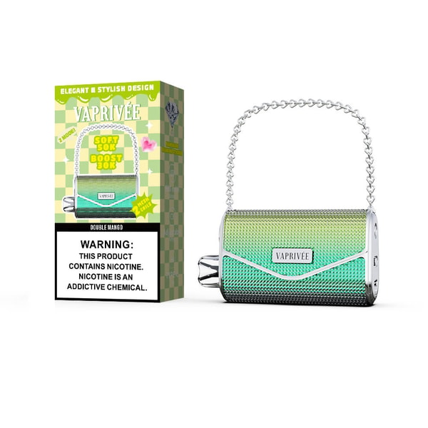 Green metallic textured purse-shaped vape device with a silver chain handle and a matching mouthpiece shown next to its green-and-cream box labeled VAPRIVEE, the box displaying a bold nicotine warning.