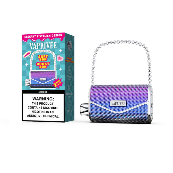 Rectangular teal and pink VAPRIVÉE product box with a nicotine warning label standing beside a metallic purple-to-blue purse-shaped vape device with a silver chain handle and built-in mouthpiece.