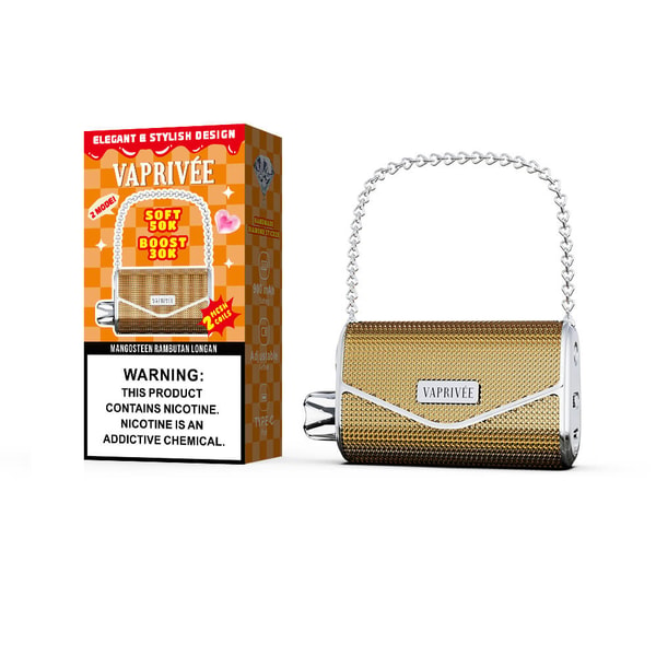 Gold textured handbag-shaped vape device with a silver chain handle and VAPRIVÉE logo, shown beside an orange checkered VAPRIVÉE product box that displays flavor text and a prominent nicotine warning label.