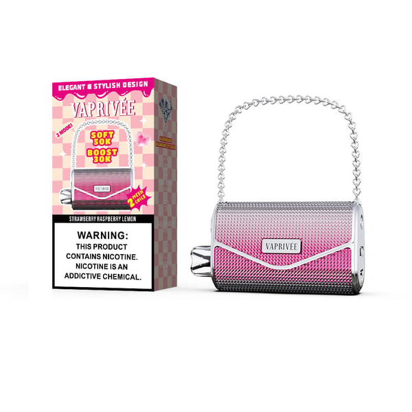 Pink-and-silver handbag-shaped VAPRIVEE vape device with a chain handle and textured metallic surface placed beside its matching pink checkered box showing the flavor 'Strawberry Raspberry Lemon' and a large nicotine warning label.