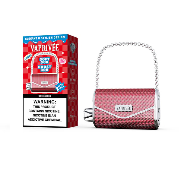Red textured metallic VAPRIVÉE vape device styled like a small handbag with a silver chain handle and chrome mouthpiece, shown beside a matching red product box labeled watermelon and bearing a nicotine warning label.