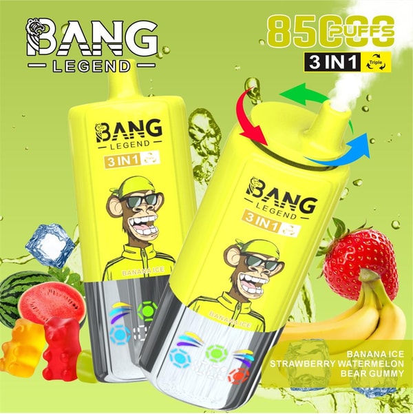 Two bright yellow Bang Legend 3-in-1 disposable vape devices with a cartoon monkey mascot, surrounded by banana, strawberry, watermelon slices, gummy bears and ice cubes, and text indicating 8500 puffs and flavors Banana Ice, Strawberry Watermelon, and Bear Gummy