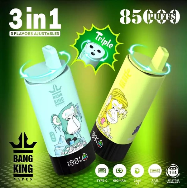Two colorful cylindrical disposable vape devices with cartoon ape illustrations—one mint green, one yellow—against a green gradient background featuring large text reading “3 in 1” and “85 puffs,” the Bang King Vapen logo, and small icons noting Type‑C, 600mAh battery and 3 adjustable flavors.