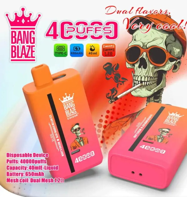Bright orange-pink Bang Blaze disposable vape devices labeled "40000 puffs" displayed beside a stylized smoking skull wearing orange sunglasses and a cap, with icons indicating Type-C, 650mAh battery, 40ml e-liquid and dual mesh coil.