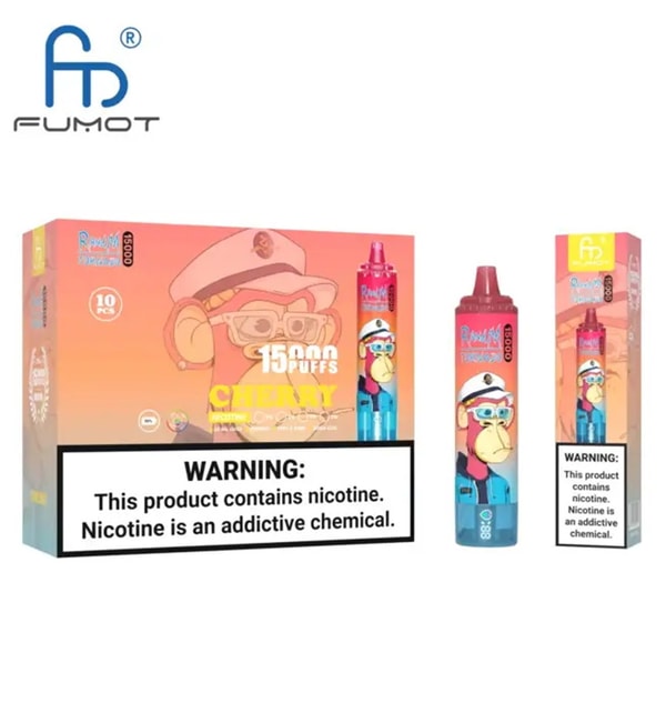Colorful FUMOT disposable vape box and two individual packages featuring a cartoon monkey in a captain's hat, labeled 15,000 puffs Cherry and showing a prominent nicotine warning label.