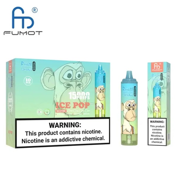 Turquoise Fumot Ice Pop disposable vape box and matching device featuring a cartoon monkey illustration, '15000 puffs' text and a prominent warning label stating the product contains nicotine and is addictive.