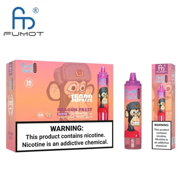 Box and two matching pink-purple FUMOT disposable vape devices labeled Dragon Fruit featuring a cartoon monkey wearing a fur hat, large "15,000 puffs" text, and a prominent nicotine warning stating This product contains nicotine. Nicotine is an addictive chemical.