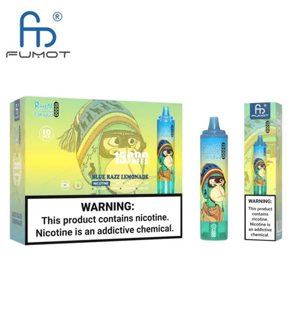 Fumot disposable vape packaging for Blue Razz Lemonade showing a green-yellow box and two blue-green devices decorated with a cartoon monkey wearing a knit hat, '15,000 puffs' text and a prominent nicotine warning label.