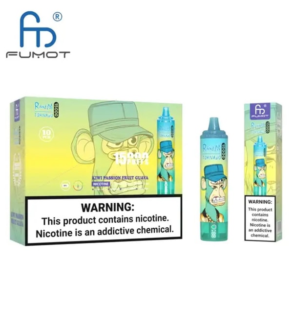 Fumot retail box and disposable vape device in turquoise-green gradient featuring a cartoon angry monkey wearing a cap, labeled Kiwi Passion Fruit Guava with a prominent nicotine warning reading "This product contains nicotine. Nicotine is an addictive chemical.",