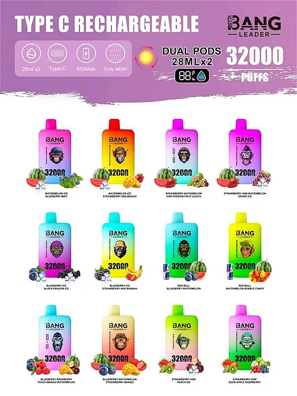 Promotional poster for BANG Leader Type-C rechargeable vape showing twelve colorful gradient dual-pod devices with flavor icons and names (watermelon, blueberry, strawberry, mango, kiwi, grape and Red Bull variations), plus bold text advertising Type-C rechargeability, dual pods 28 mL x2, 650 mAh battery, dual mesh and 32,000 puffs.