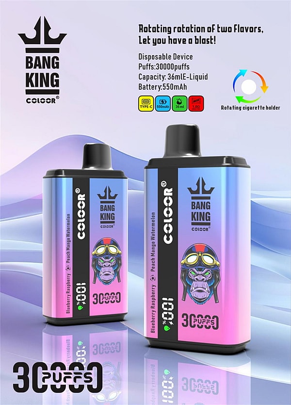 Two iridescent rectangular disposable vape devices labeled BANG KING COLOOR with a stylized gorilla wearing aviator goggles on the front, standing on a reflective surface against a soft purple-blue gradient background, with text and icons above advertising rotating two-flavor capability and specs including 30,000 puffs, 36 ml e-liquid capacity and a 550 mAh battery.