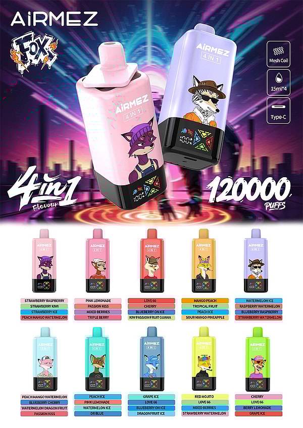 Two colorful AIRMEZ 4-in-1 disposable vaping devices with stylized fox character illustrations floating against a neon cityscape, accompanied by a grid of flavor-colored product variants and icons indicating mesh coil, 15ml capacity and Type-C charging, plus bold '120000 puffs' text.