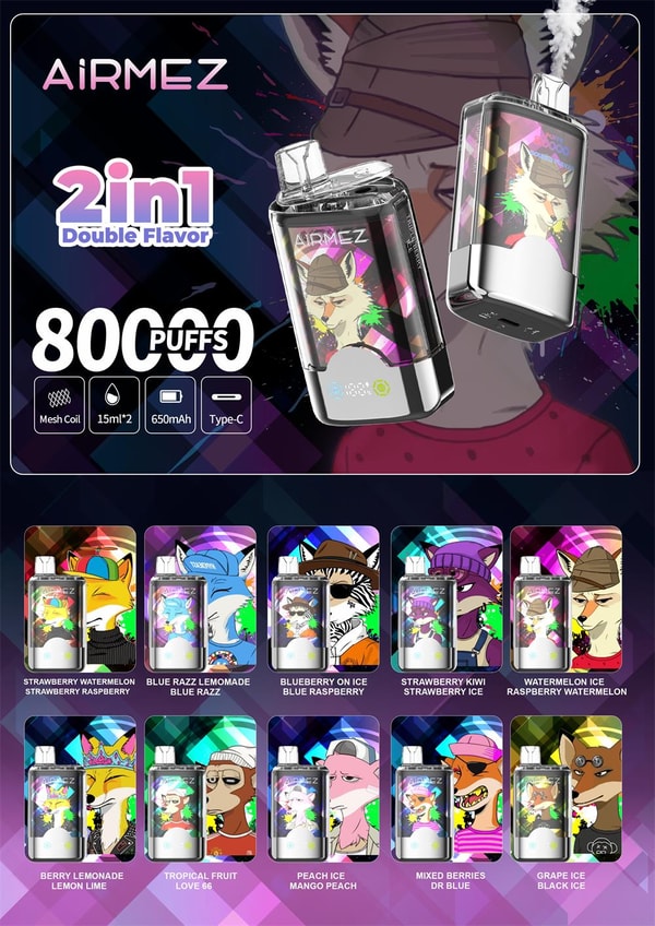 Promotional poster for AiRMEZ 2-in-1 disposable vapes featuring two glossy pod devices with colorful anthropomorphic animal artwork, bold text reading 2in1 Double Flavor and 800 puffs, icons indicating mesh coil, 15ml×2, 650mAh and Type-C, and a grid of twelve illustrated flavor variants with their names.
