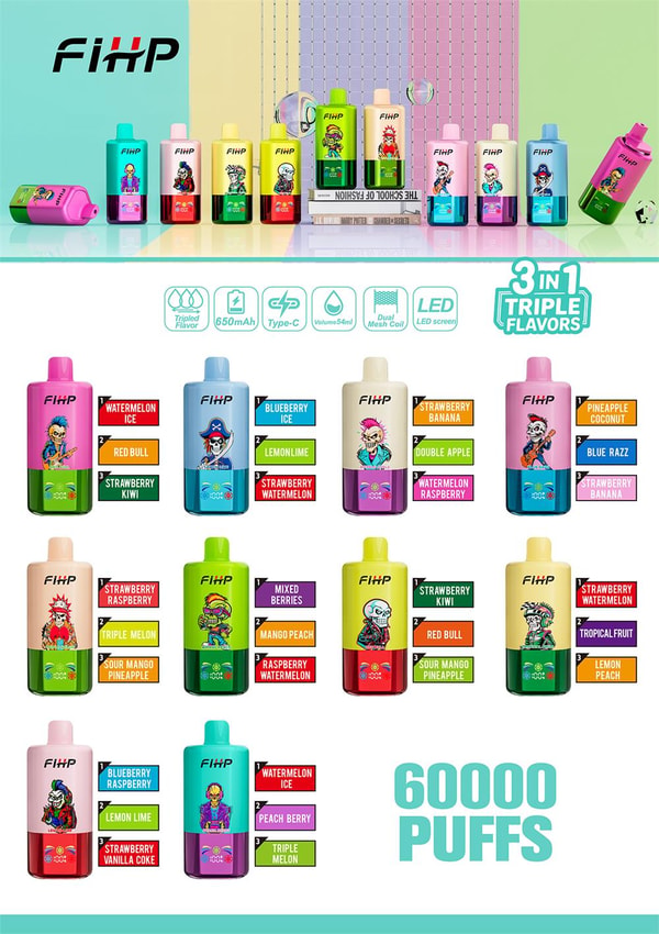 Colorful product layout showing a lineup of brightly illustrated FiHP disposable vape devices on a pastel background, feature icons for triple-flavor, 650 mAh battery, USB-C charging, 54 ml volume, dual mesh coil and LED screen, a grid of 12 devices with labelled three-in-one flavor combinations and cartoon characters, and large text reading 60,000 PUFFS.