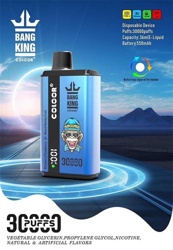 Blue metallic rectangular disposable vape device with a black mouthpiece and crown 'BANG KING COLOOR' branding, shown upright on a futuristic circular platform against a desert mountain backdrop, with on-image text noting 30,000 puffs, 36 mL e-liquid capacity and a 550 mAh battery and a rotating cigarette holder icon