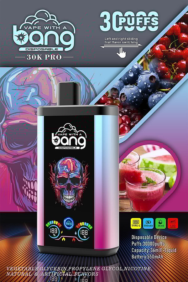Promotional poster for a 'Vape with a Bang' 30K Pro disposable vape featuring a metallic gradient rectangular device with a front digital display, colorful skull artwork in the background, photos of berries and watermelon-flavored drinks indicating flavor options, and product specs listing 30,000 puffs, Type-C charging, 36 ml e-liquid capacity and a 550 mAh battery.