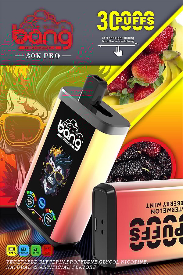 Colorful advertisement for a Bang 30K Pro disposable vape showing two gradient metallic vape devices — one with a flaming skull wearing sunglasses graphic — surrounded by strawberries, bananas and blackberries, with icons for Type-C, 550mAh and 36ml and text about sliding fruit-flavor switching and puff counts.