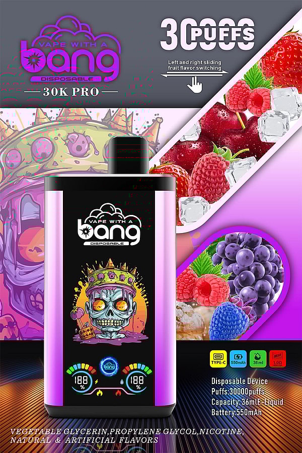 Colorful advertisement for a pink and black 'Vape With a Bang' 30K PRO disposable device featuring a central vape with skull-king artwork, diagonal panels of strawberries, raspberries, grapes and ice, large '30000 PUFFS' text, icons for Type‑C, 550mAh battery and 36ml e-liquid, and small ingredient text along the bottom.