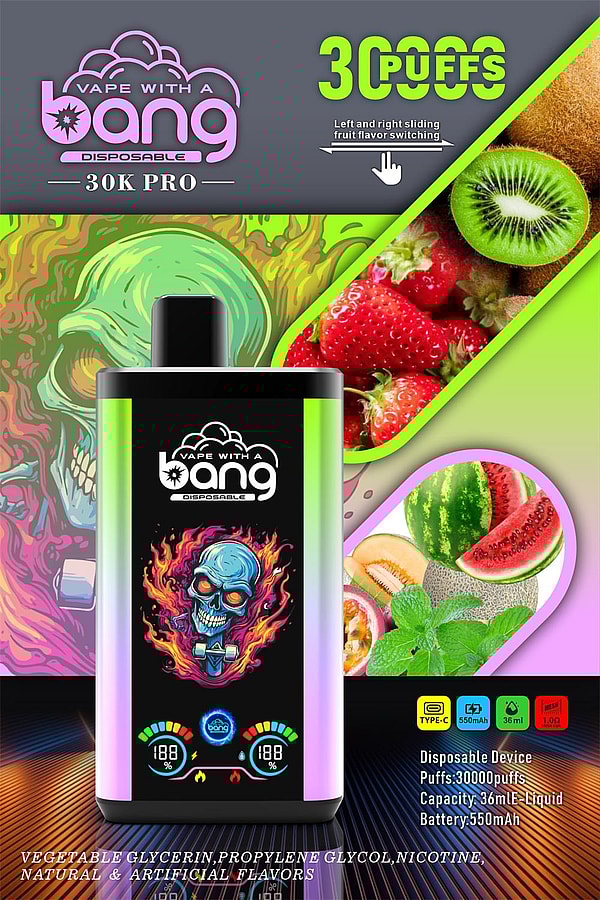 Promotional poster for a Bang 30K Pro disposable vape showing a gradient-cased device with a flaming blue skull graphic, prominent '30000 puffs' and 'Vape with a Bang' branding, fruit photos (strawberry, kiwi, watermelon, cantaloupe, mint) and small icons noting Type‑C, 550mAh battery and 36ml e-liquid capacity.