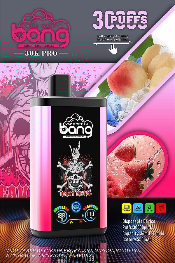 Promotional poster showing a pink-and-black 'Vape with a bang' disposable device with a skull-and-crossbones 'Heavy Metal' graphic and digital gauges, set against pink gradient panels with peaches, strawberries and ice and small text listing specs like 30K Pro, 30,000 puffs, 36 ml capacity and 550 mAh battery.