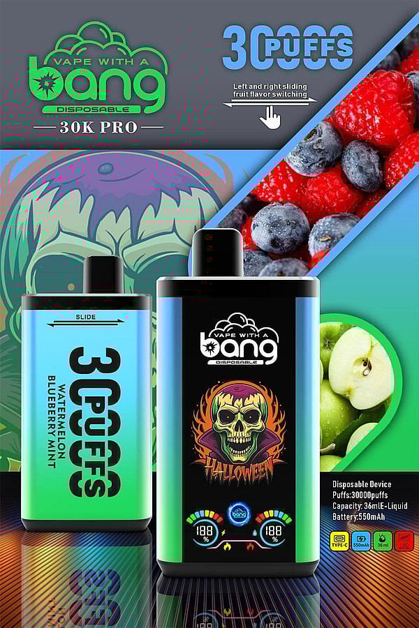 Advertisement layout featuring two gradient teal-to-green disposable vape devices—one labeled 3000 PUFFS and 'Watermelon Blueberry Mint', the other with a black front displaying the 'Vape with a Bang' logo and a Halloween flame emblem—set against a colorful illustrated background with raspberries, blueberries, sliced green apples, a left-right sliding fruit flavor swipe icon, and digital-style meters at the bottom.