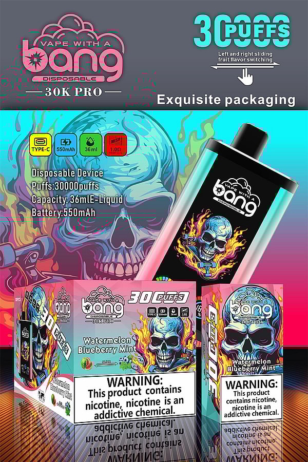 Vibrant ad for 'Vape with a Bang' 30K Pro disposable vape featuring a black-and-teal device with a flaming skull illustration, packaging labeled Watermelon Blueberry Mint, icons for Type‑C, 550mAh battery and 36mL e‑liquid with a 30,000‑puff claim, and a prominent nicotine warning.