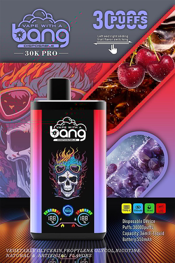 Vibrant poster for a 'Bang' 30K Pro disposable vape featuring a gradient rectangular device with the brand logo and digital icons centered, a bold "30000 puffs" headline at the top, cherries and frozen grapes indicating flavors, and technical specs (36 mL e-liquid, 550 mAh battery) along the right edge.