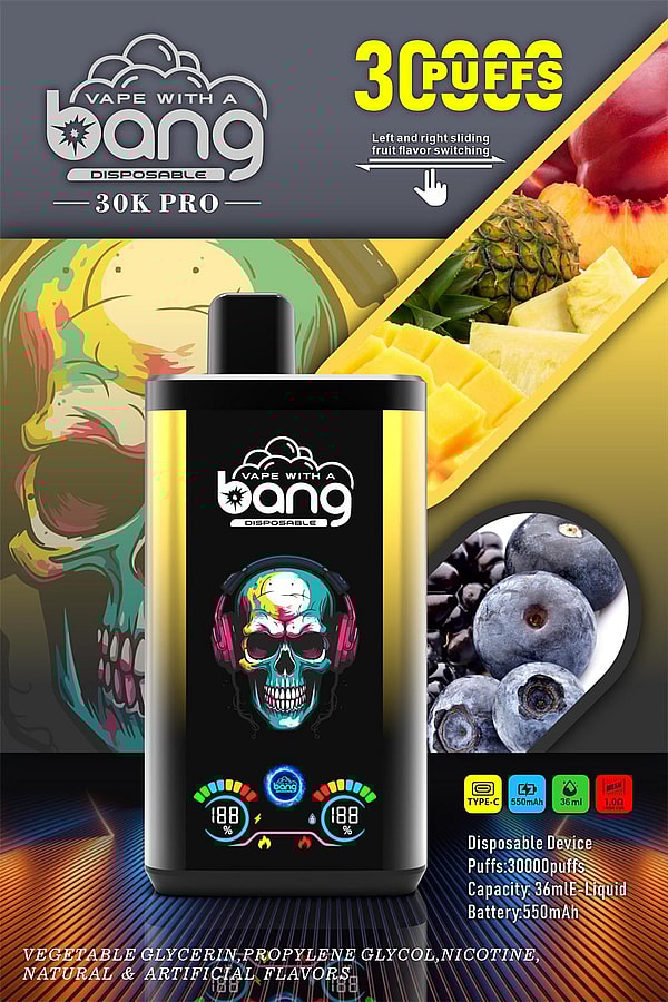 Advertisement for a Bang 30K Pro disposable vape featuring a black-and-gold device with the Bang logo and colorful digital display, fruit images (pineapple, mango and blueberries), bold '30,000 puffs' text, product specs (36 ml e-liquid, 550 mAh battery) and a stylized multicolored skull background.