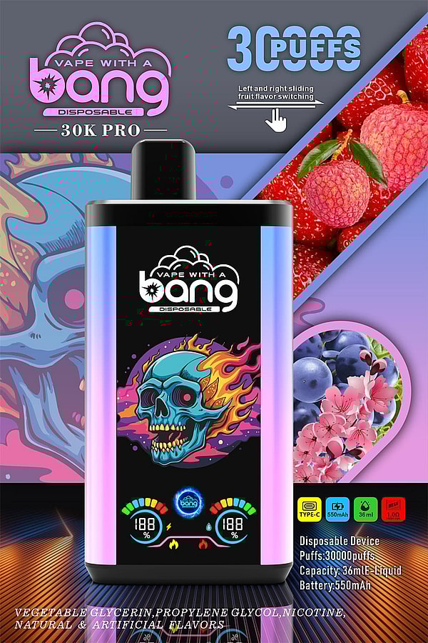 Advertising poster for the Bang 30K Pro disposable vape showing a large pink-violet rectangular device with a flaming blue skull graphic and digital gauges on its screen, banners reading 30000 puffs and left-right sliding fruit flavor switching, photos of lychee/strawberries and blueberries with blossoms, and small icons and text noting 36 ml e-liquid capacity and a 550 mAh battery.