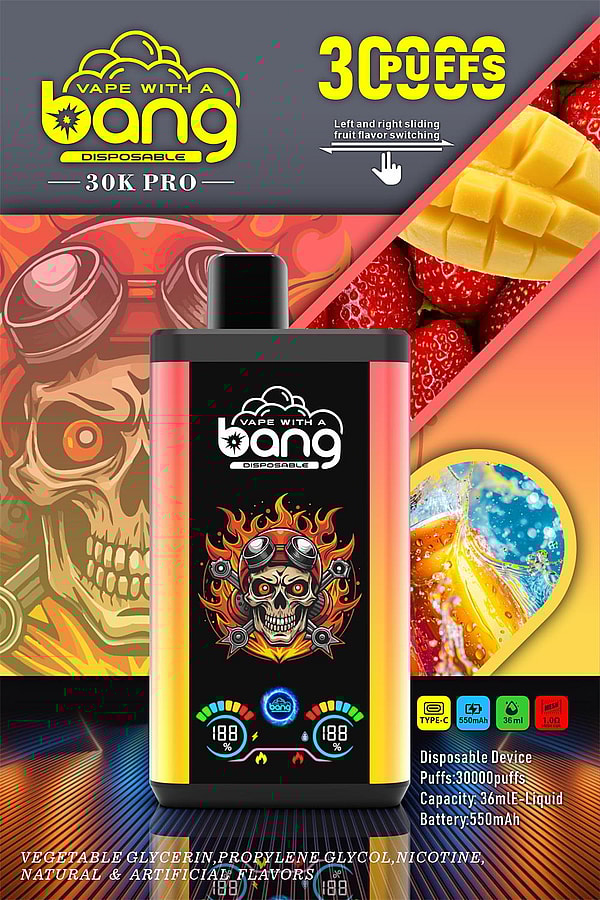 Bright gradient Bang 30K Pro disposable vape shown front‑on with a flaming skull‑with‑goggles graphic, digital gauges, and promotional text and fruit images (mango, strawberries) advertising 30,000 puffs, 36 ml e-liquid and 550 mAh battery