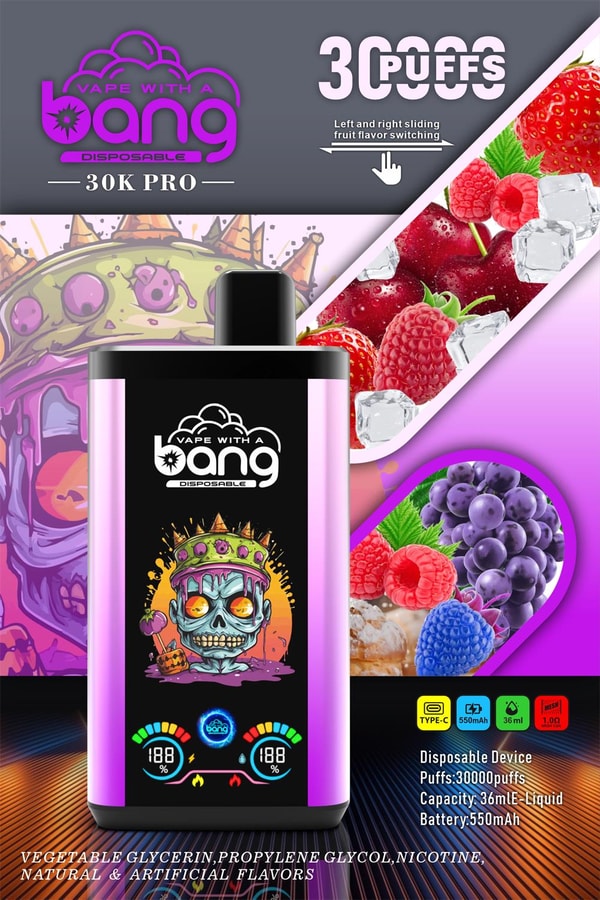 Colorful advertisement for a pink and black 'Vape With a Bang' 30K PRO disposable device featuring a central vape with skull-king artwork, diagonal panels of strawberries, raspberries, grapes and ice, large '30000 PUFFS' text, icons for Type‑C, 550mAh battery and 36ml e-liquid, and small ingredient text along the bottom.