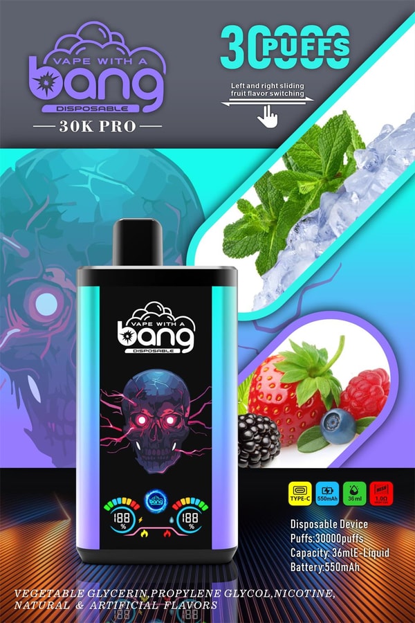 Bright promotional poster for the 'Bang' 30K Pro disposable vape featuring a turquoise-and-purple device with a neon skull graphic and digital gauges, prominent '30,000 puffs' text and sliding-flavor instruction, flavor photos of mint with ice and mixed berries, and small icons noting Type-C, 550mAh battery and 36ml e-liquid capacity.